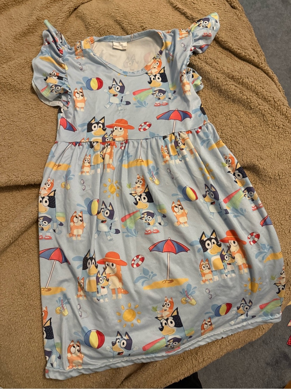 Blue Kids' Beach Print Dress with Ruffle Sleeves